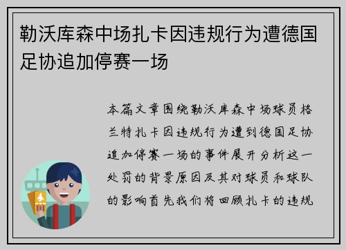 勒沃库森中场扎卡因违规行为遭德国足协追加停赛一场 勒沃库森中场扎卡因违规行为遭德国足协追加停赛一场